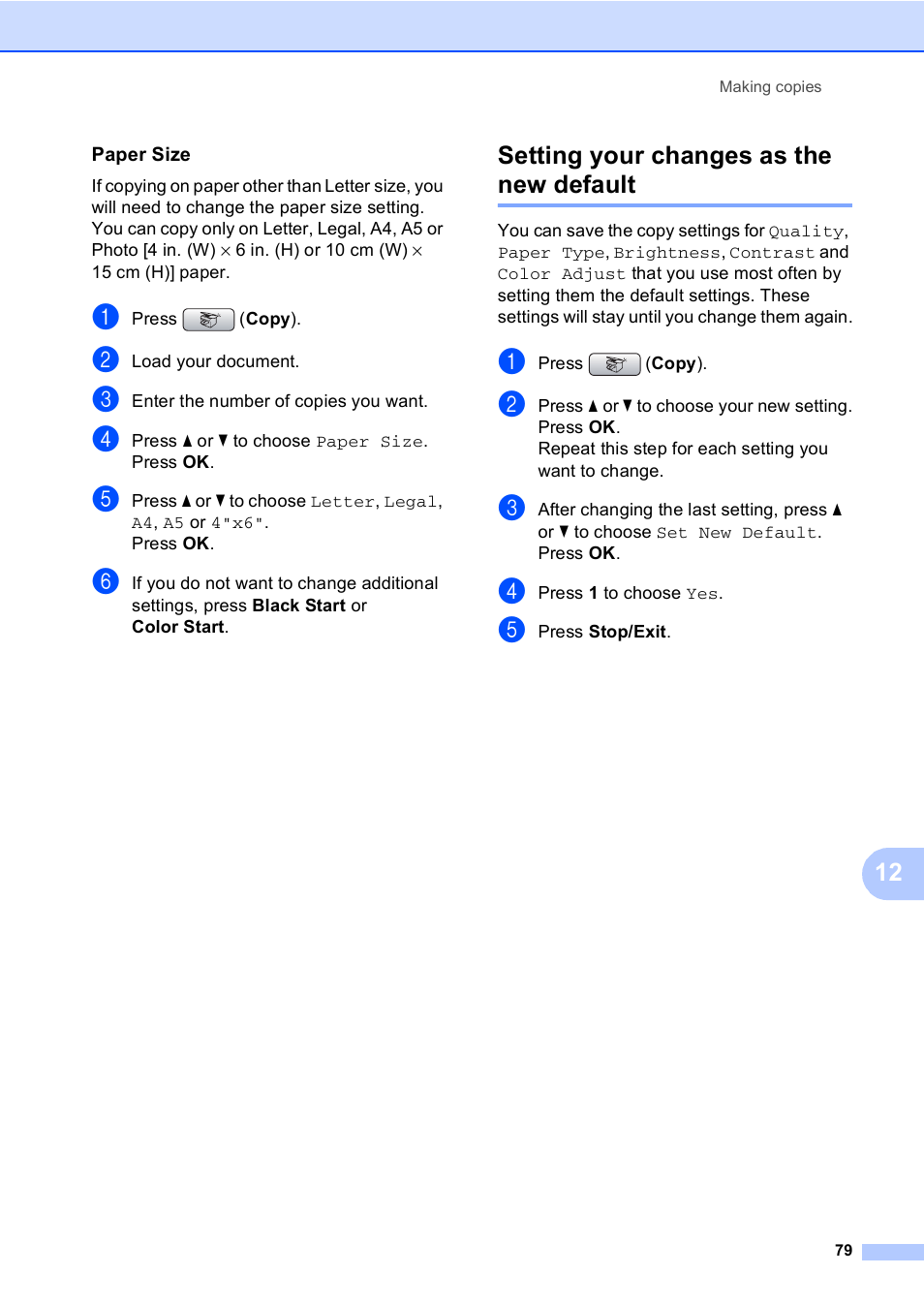 Paper size, Setting your changes as the new default | Brother MFC-465CN User Manual | Page 95 / 192