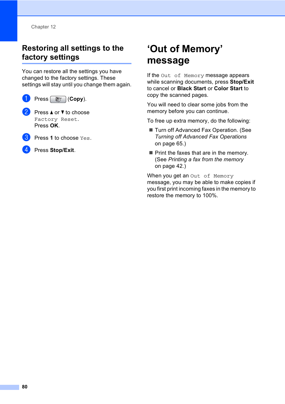 Restoring all settings to the factory settings, Out of memory’ message | Brother MFC-465CN User Manual | Page 96 / 192