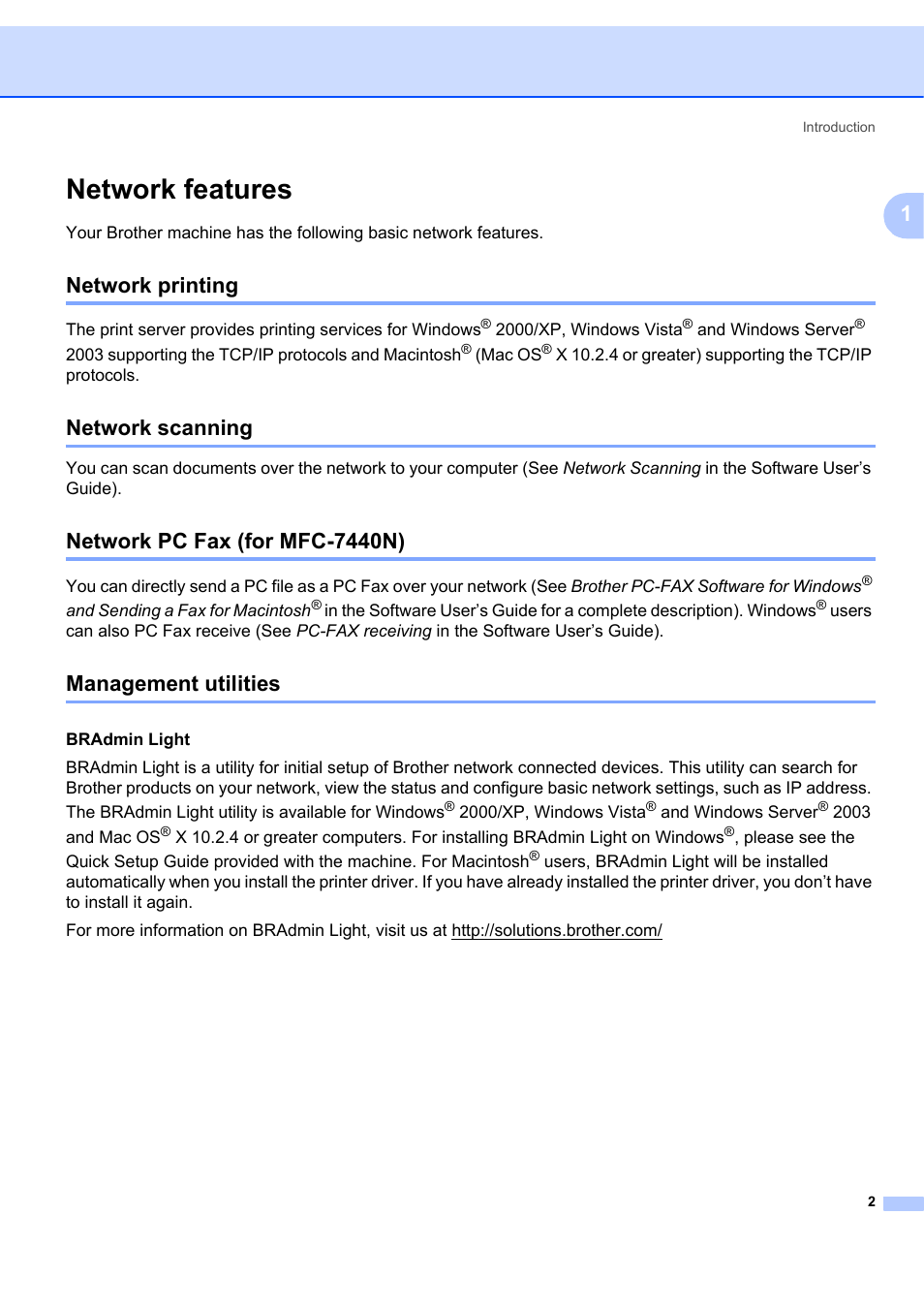 Network features, Network printing, Network scanning | Network pc fax (for mfc-7440n), Management utilities | Brother MFC-7440N User Manual | Page 10 / 88