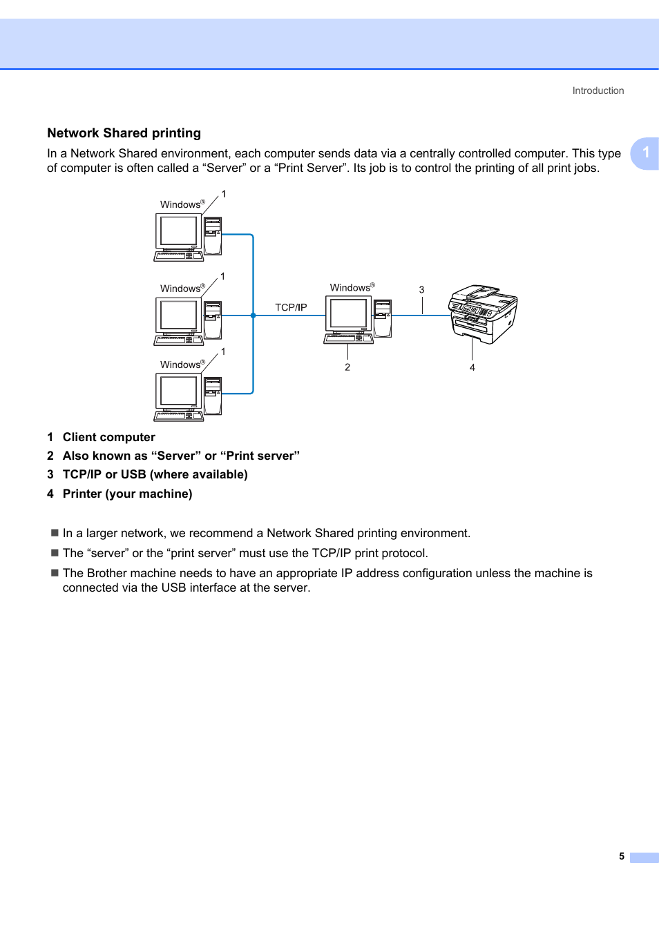 Network shared printing | Brother MFC-7440N User Manual | Page 13 / 88