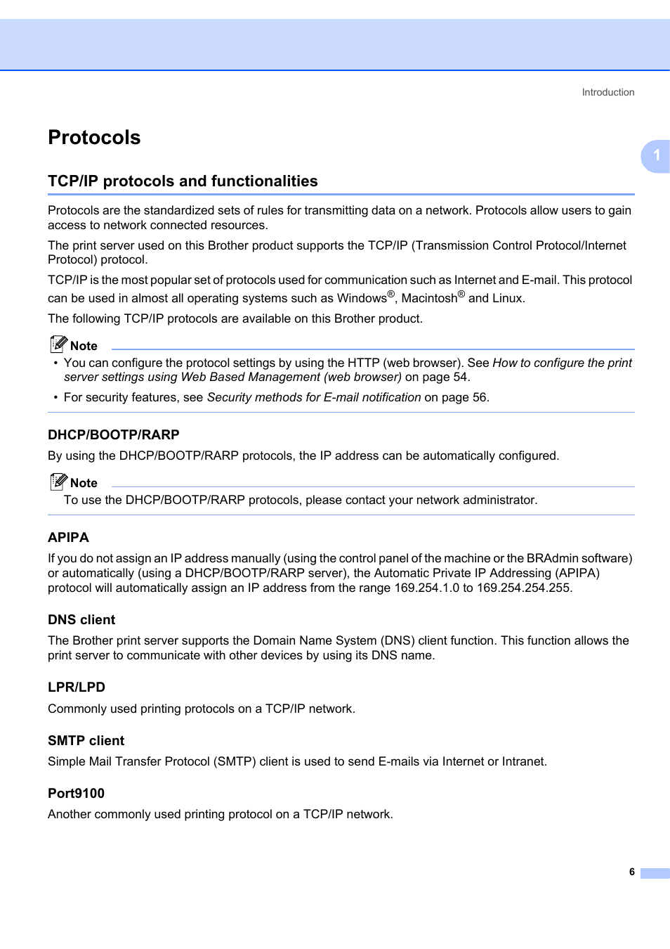 Protocols, Tcp/ip protocols and functionalities, Dhcp/bootp/rarp | Apipa, Dns client, Lpr/lpd, Smtp client, Port9100 | Brother MFC-7440N User Manual | Page 14 / 88