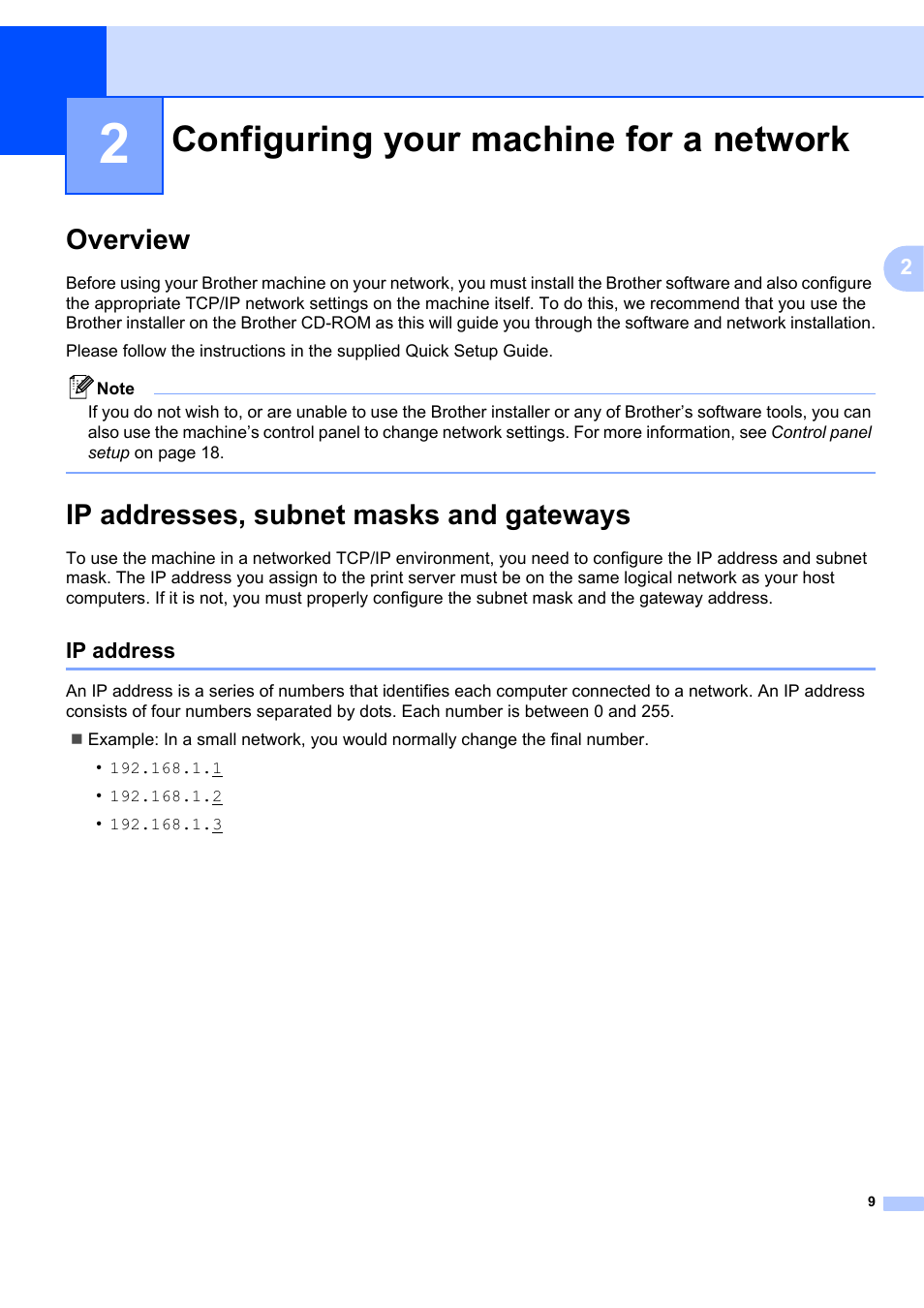 2 configuring your machine for a network, Overview, Ip addresses, subnet masks and gateways | Ip address, Configuring your machine for a network, Overview ip addresses, subnet masks and gateways | Brother MFC-7440N User Manual | Page 17 / 88