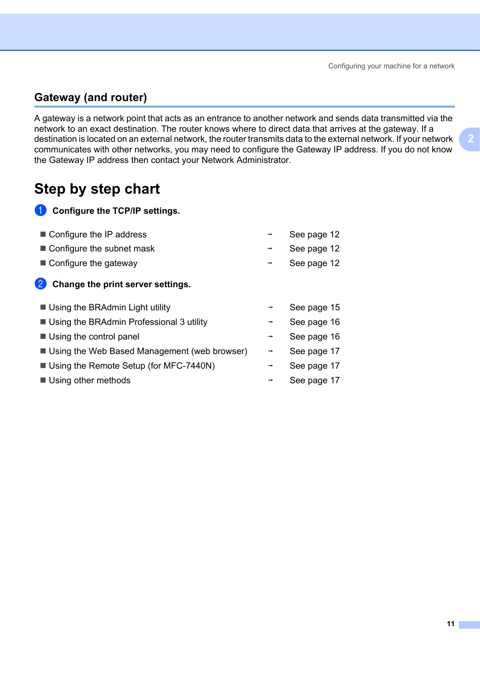 Gateway (and router), Step by step chart, 2gateway (and router) | Brother MFC-7440N User Manual | Page 19 / 88
