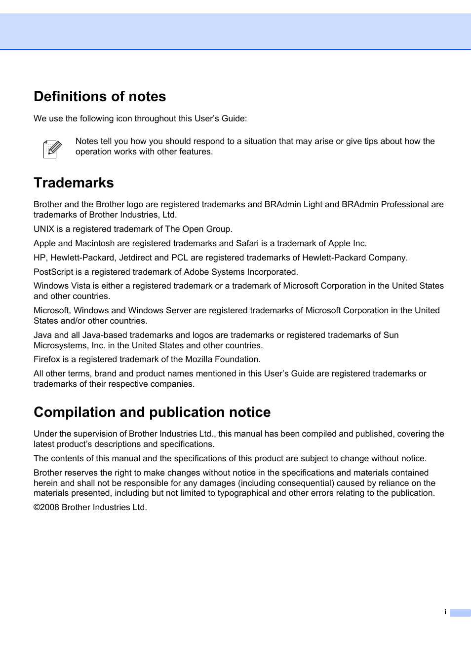 Trademarks, Compilation and publication notice | Brother MFC-7440N User Manual | Page 2 / 88