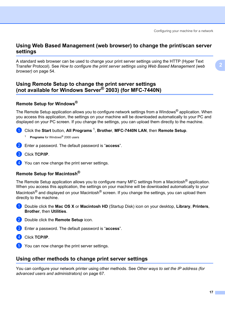 Remote setup for windows, Remote setup for macintosh, Not available for windows server | 2003) (for mfc-7440n) | Brother MFC-7440N User Manual | Page 25 / 88