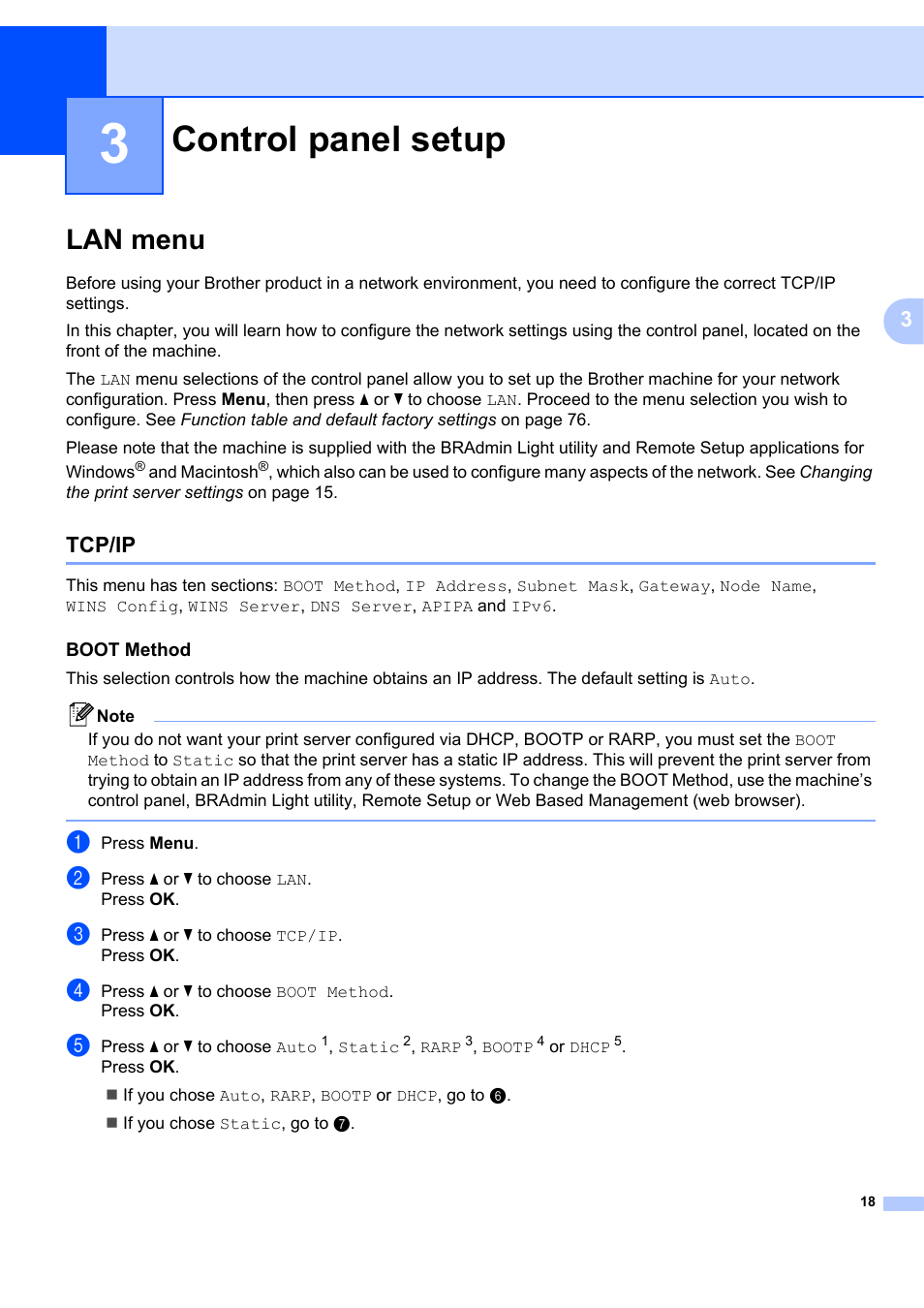 3 control panel setup, Lan menu, Tcp/ip | Boot method, Control panel setup, See control panel | Brother MFC-7440N User Manual | Page 26 / 88