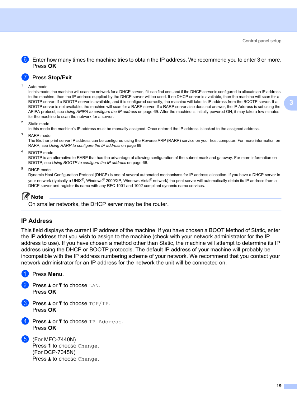 Ip address, Rarp, O to g | Brother MFC-7440N User Manual | Page 27 / 88