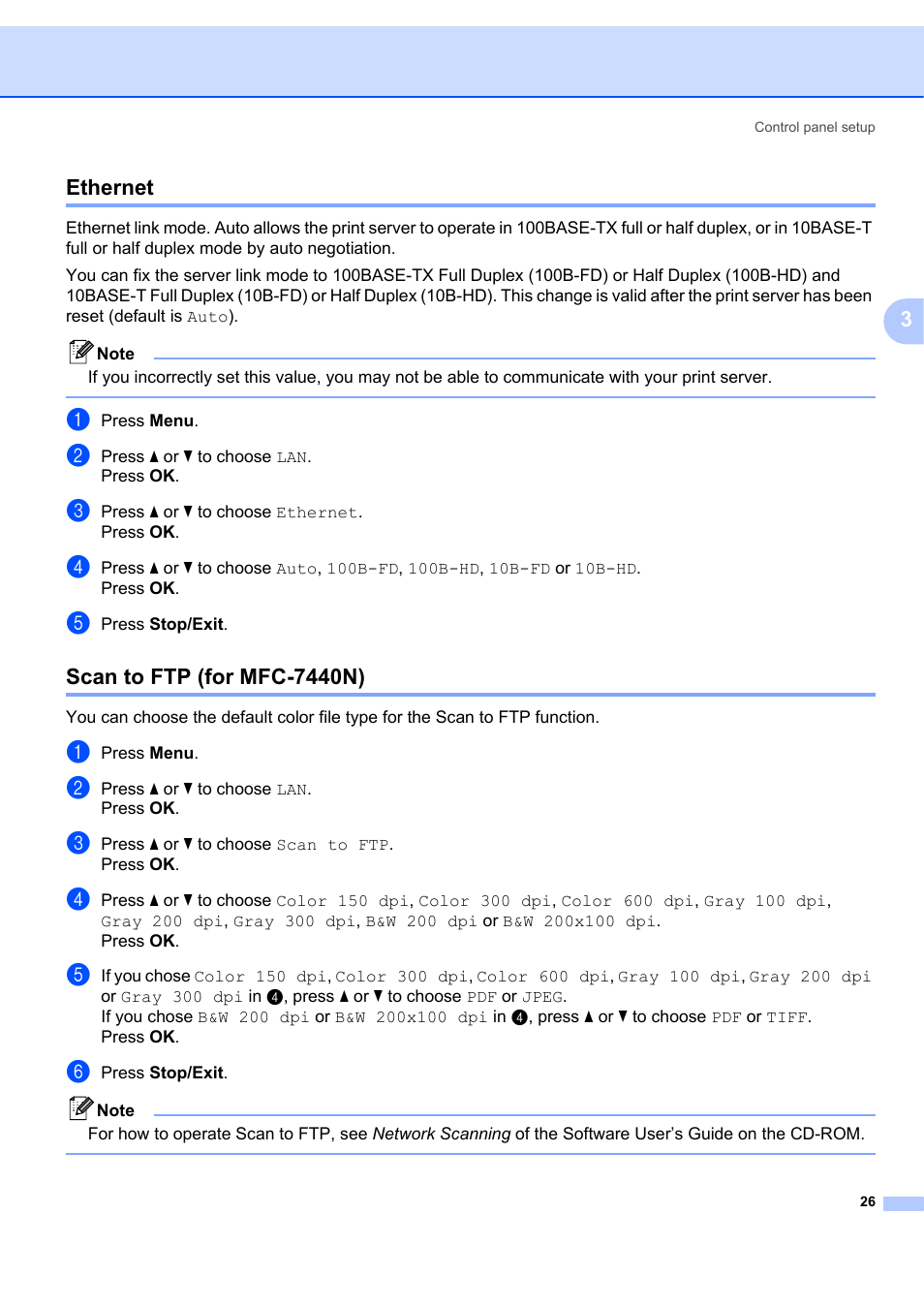 Ethernet, Scan to ftp (for mfc-7440n), Ethernet scan to ftp (for mfc-7440n) | 3ethernet | Brother MFC-7440N User Manual | Page 34 / 88