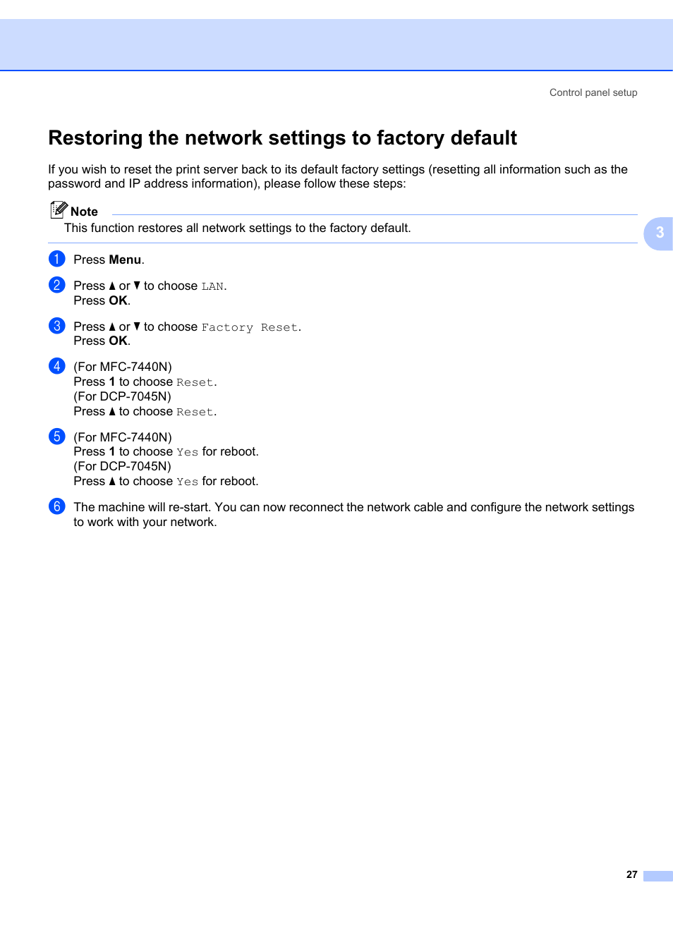 Restoring the network settings to factory default | Brother MFC-7440N User Manual | Page 35 / 88