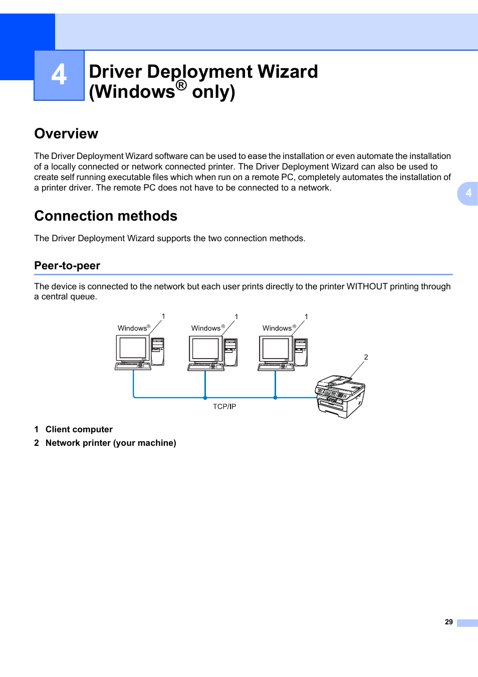 4driver deployment wizard (windows® only), Overview, Connection methods | Peer-to-peer, Driver deployment wizard (windows, Only), Overview connection methods | Brother MFC-7440N User Manual | Page 37 / 88