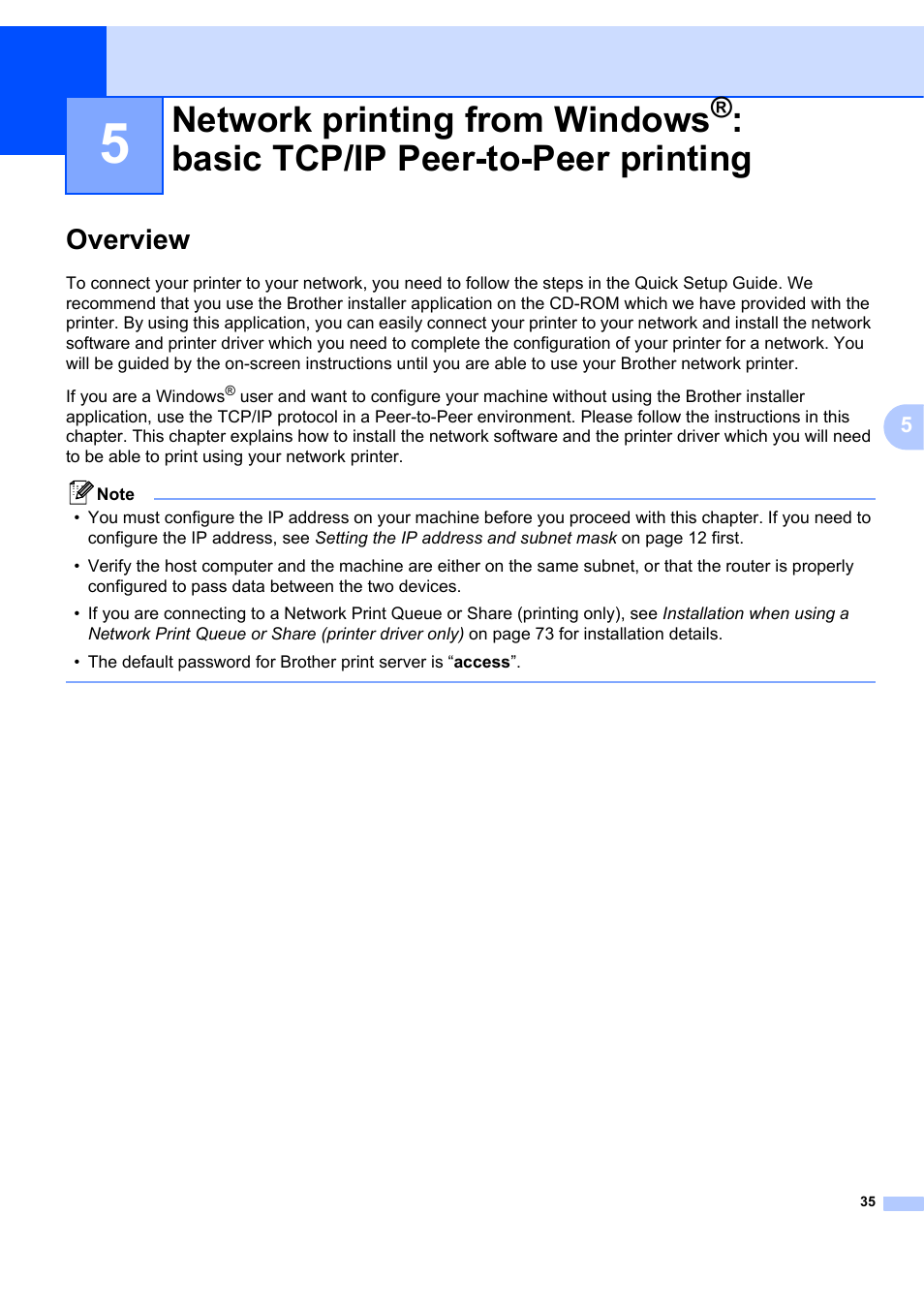Overview, Network printing from windows, Basic tcp/ip peer-to-peer printing | Brother MFC-7440N User Manual | Page 43 / 88