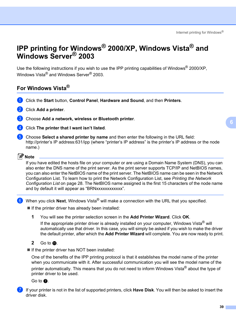 For windows vista, Ipp printing for windows, 2000/xp, windows vista | And windows server | Brother MFC-7440N User Manual | Page 47 / 88