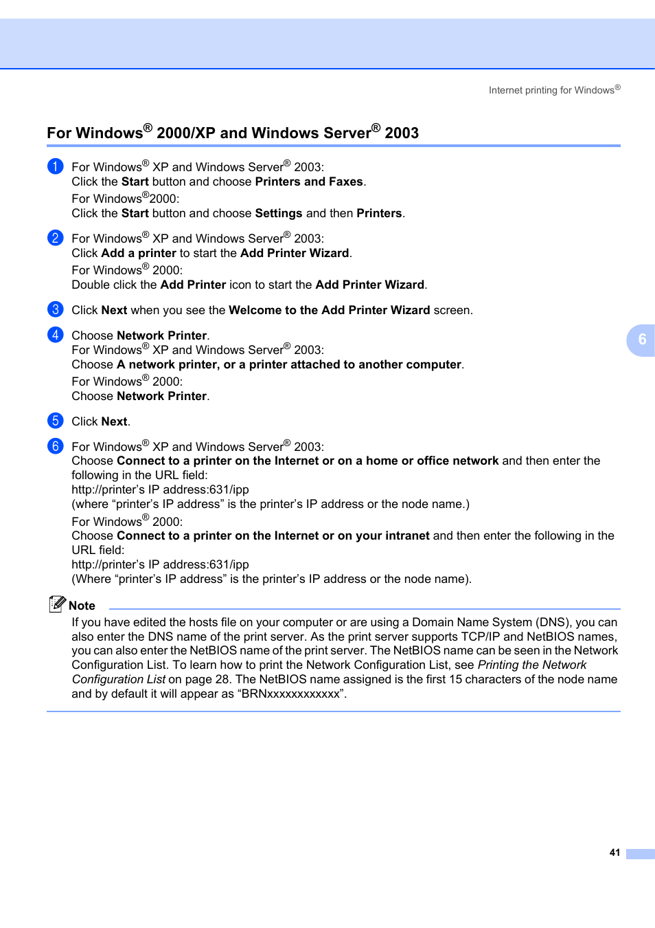 For windows® 2000/xp and windows server® 2003, For windows, 2000/xp and windows server | 6for windows | Brother MFC-7440N User Manual | Page 49 / 88