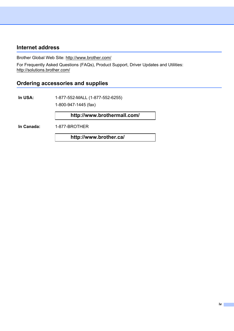 Internet address, Ordering accessories and supplies | Brother MFC-7440N User Manual | Page 5 / 88