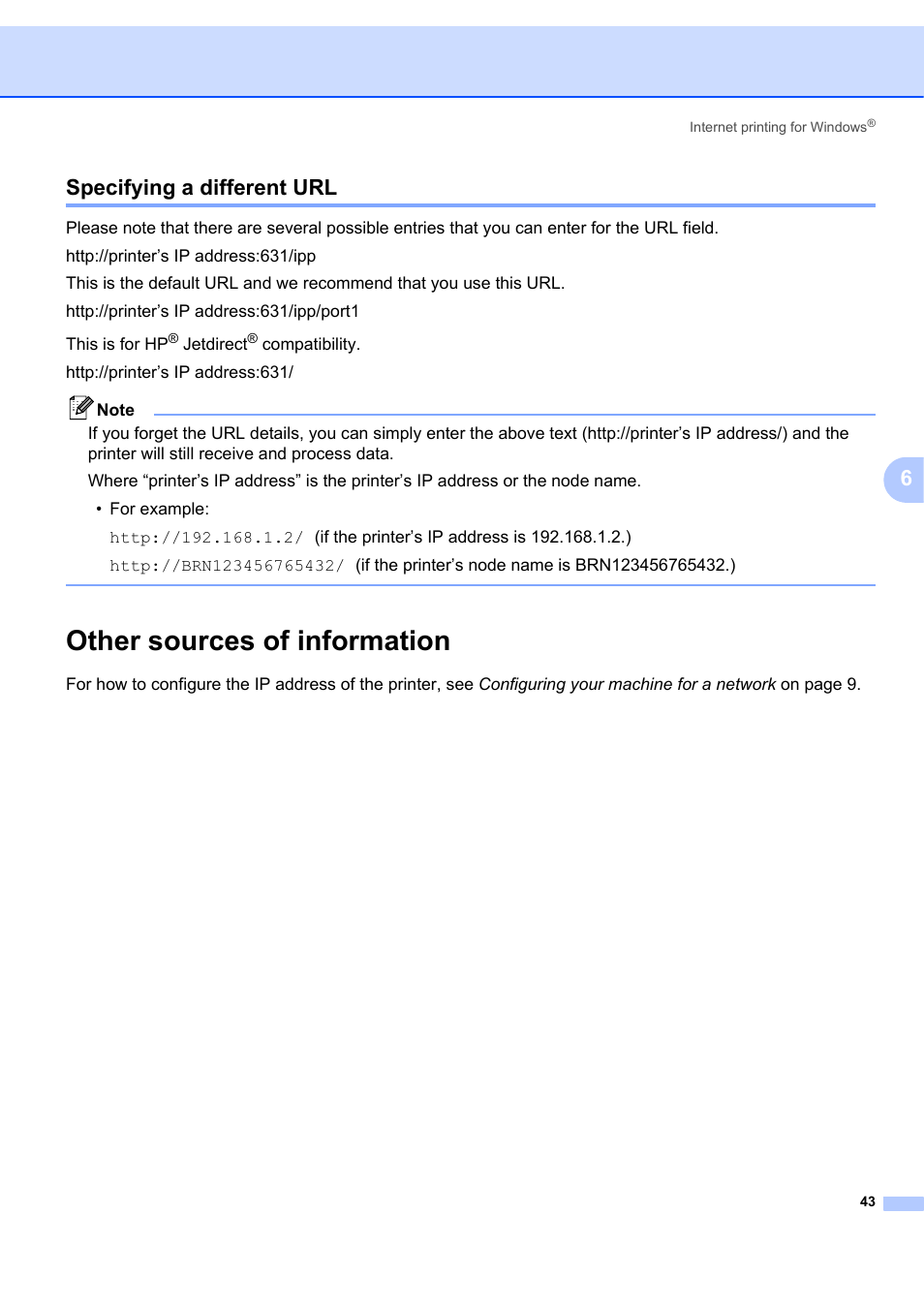 Specifying a different url, Other sources of information, 6specifying a different url | Brother MFC-7440N User Manual | Page 51 / 88