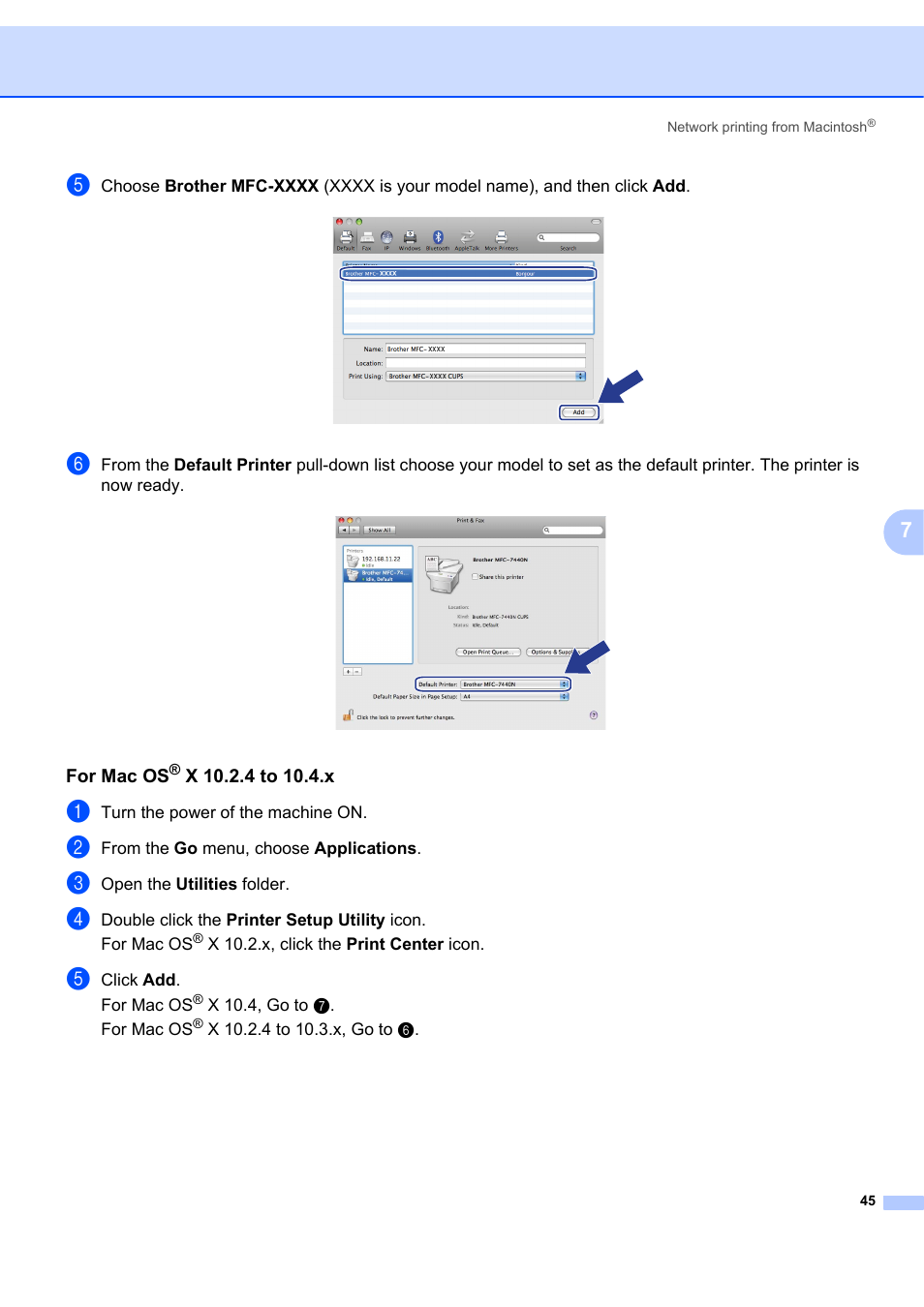 For mac os® x 10.2.4 to 10.4.x | Brother MFC-7440N User Manual | Page 53 / 88