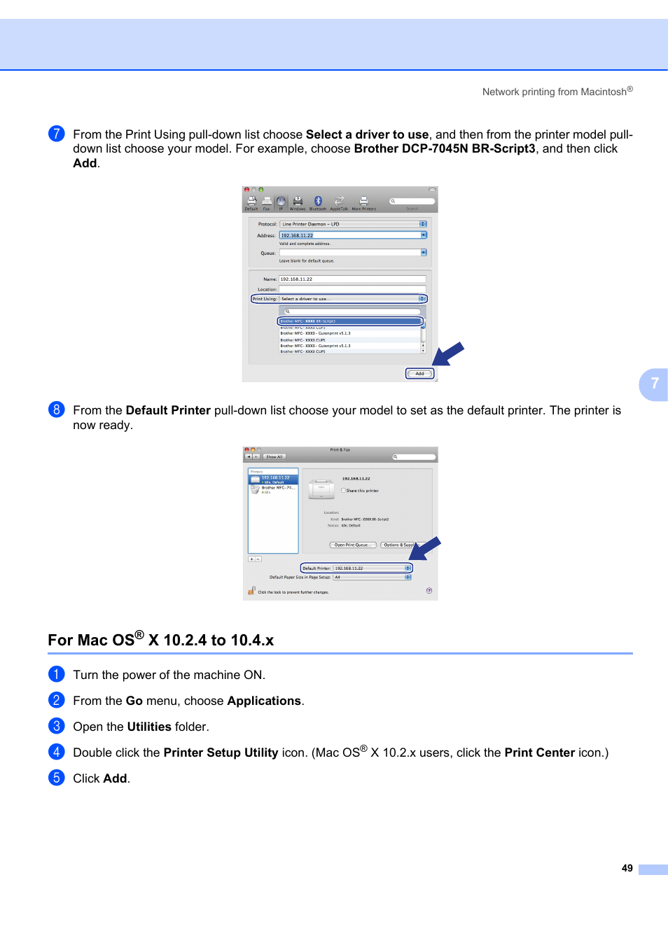 For mac os® x 10.2.4 to 10.4.x, For mac os, X 10.2.4 to 10.4.x | Brother MFC-7440N User Manual | Page 57 / 88