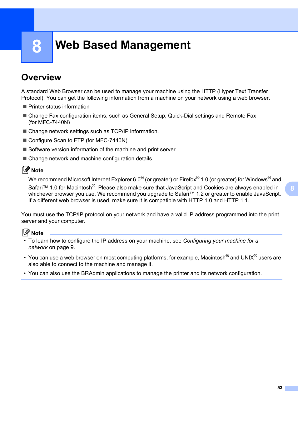 8 web based management, Overview, Web based management | Brother MFC-7440N User Manual | Page 61 / 88