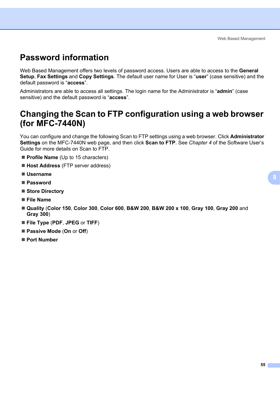 Password information | Brother MFC-7440N User Manual | Page 63 / 88