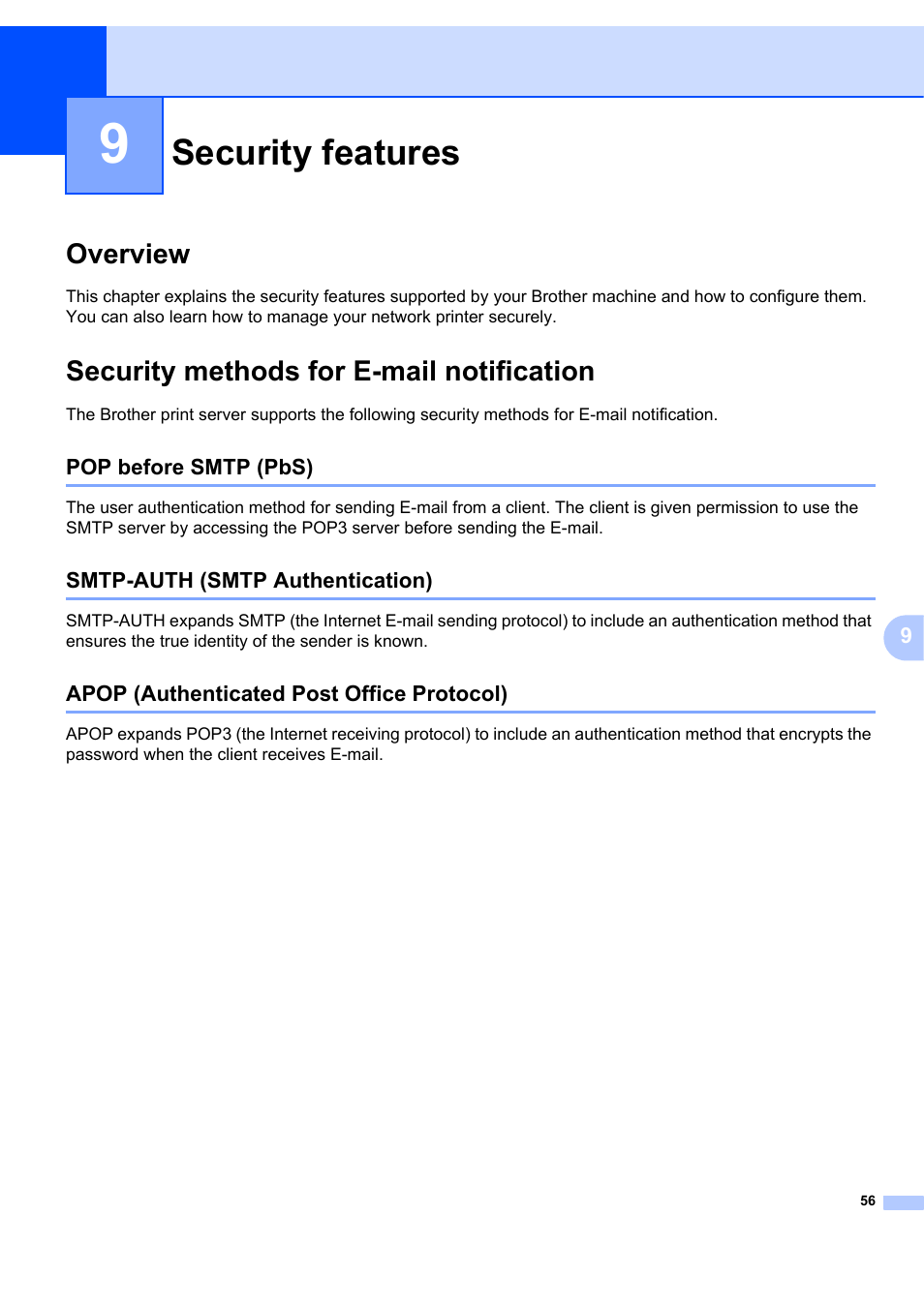 9 security features, Overview, Security methods for e-mail notification | Pop before smtp (pbs), Smtp-auth (smtp authentication), Apop (authenticated post office protocol), Security features, Overview security methods for e-mail notification | Brother MFC-7440N User Manual | Page 64 / 88