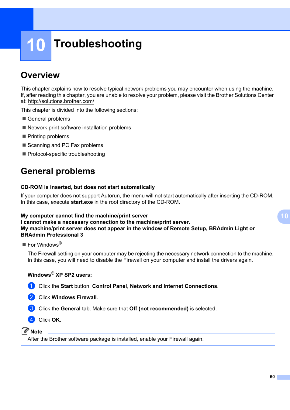 10 troubleshooting, Overview, General problems | Troubleshooting, Overview general problems | Brother MFC-7440N User Manual | Page 68 / 88