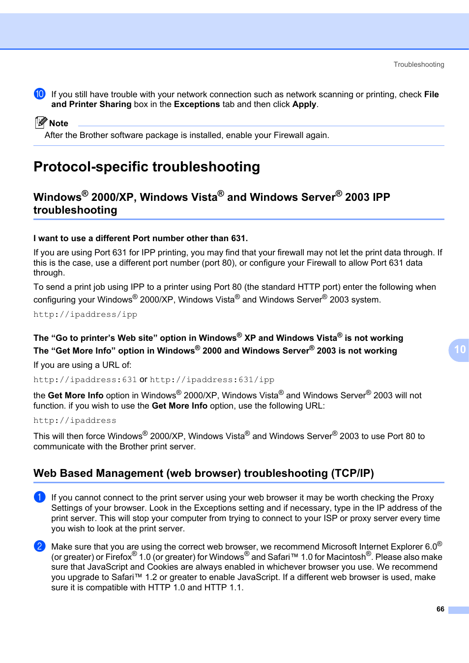 Protocol-specific troubleshooting, Windows, 2000/xp, windows vista | And windows server, 2003 ipp troubleshooting, O windows, Windows server | Brother MFC-7440N User Manual | Page 74 / 88