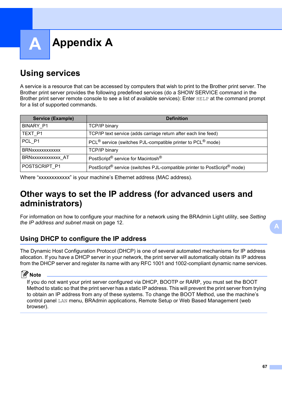 Appendix a, Using services, Using dhcp to configure the ip address | Brother MFC-7440N User Manual | Page 75 / 88