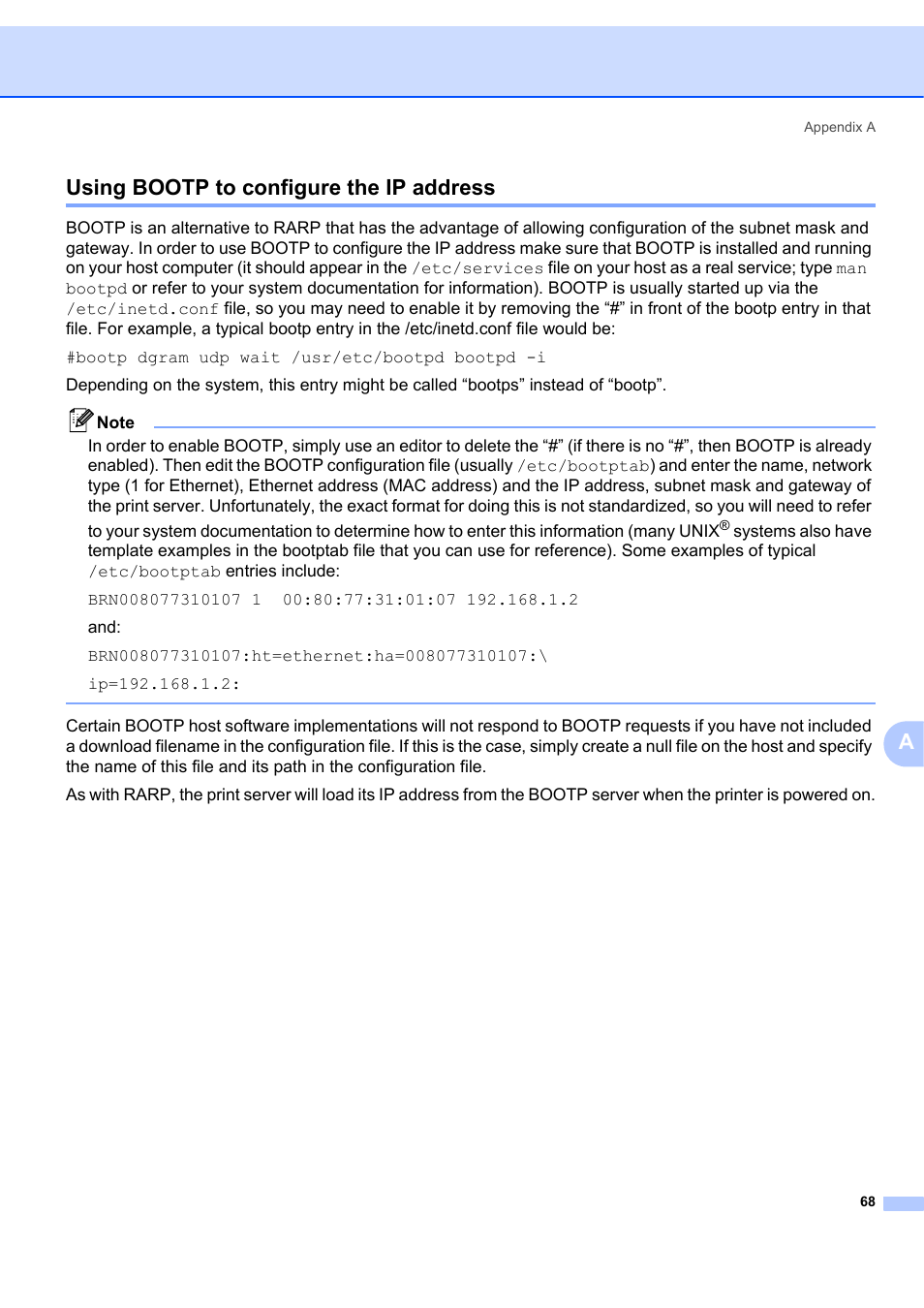 Using bootp to configure the ip address, Ausing bootp to configure the ip address | Brother MFC-7440N User Manual | Page 76 / 88