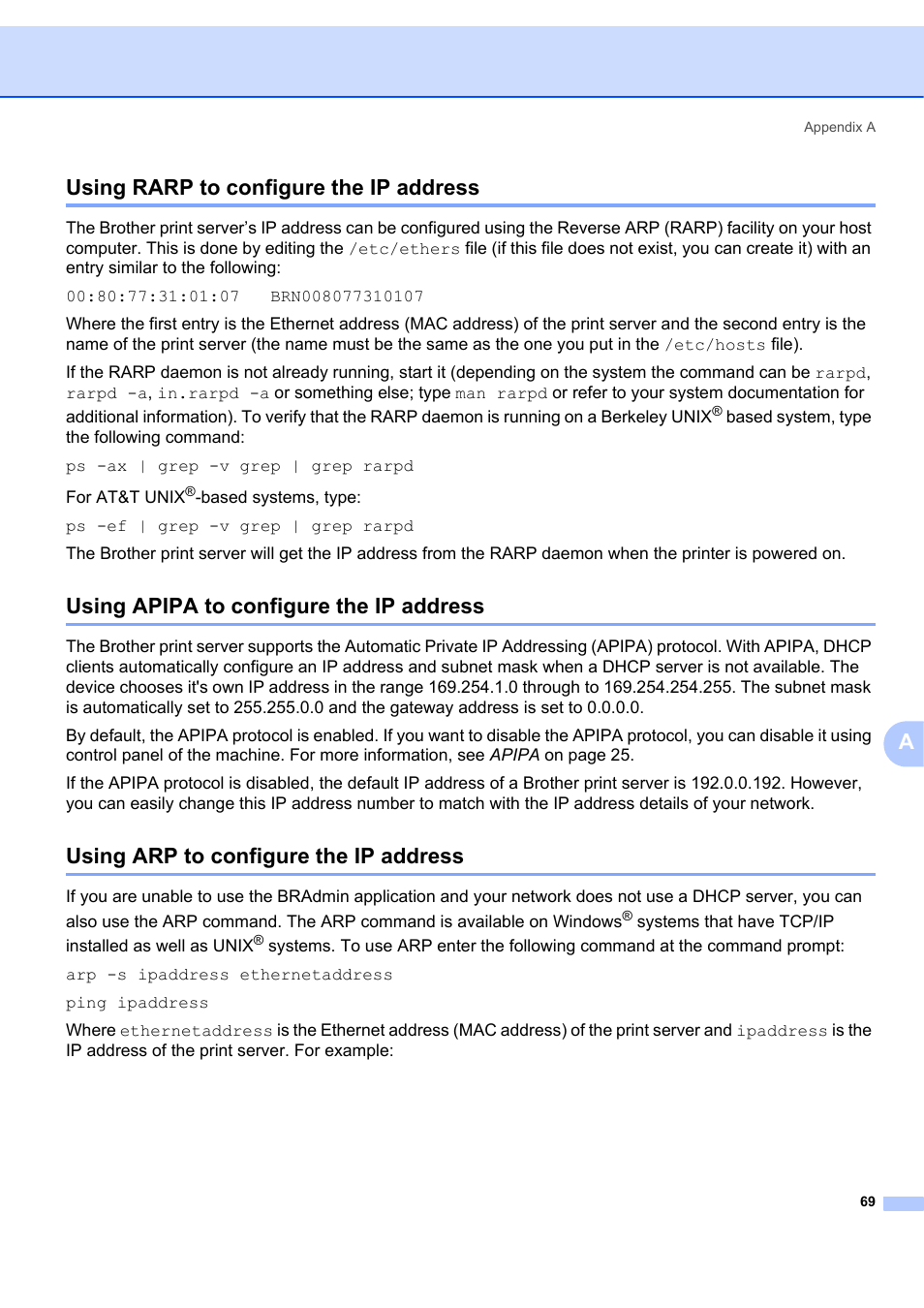 Using rarp to configure the ip address, Using apipa to configure the ip address, Using arp to configure the ip address | Ausing rarp to configure the ip address | Brother MFC-7440N User Manual | Page 77 / 88