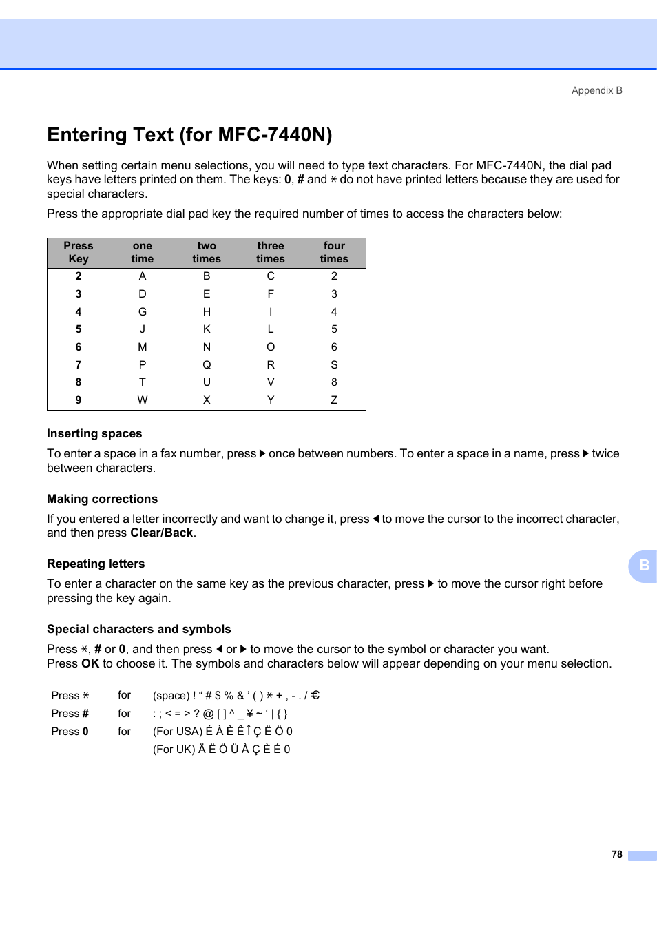 Entering text (for mfc-7440n) | Brother MFC-7440N User Manual | Page 86 / 88