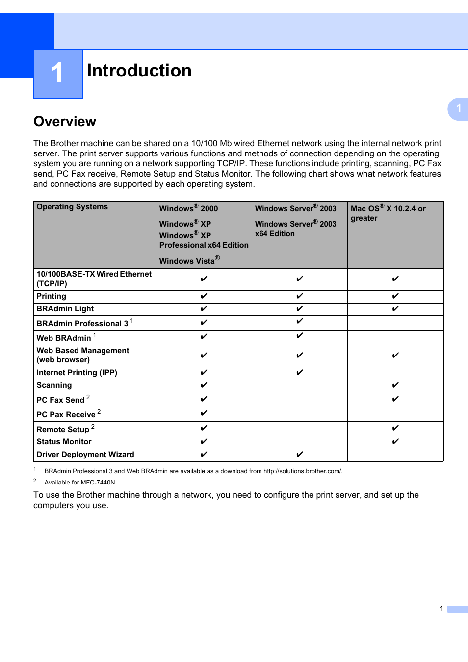 1 introduction, Overview, Introduction | Brother MFC-7440N User Manual | Page 9 / 88