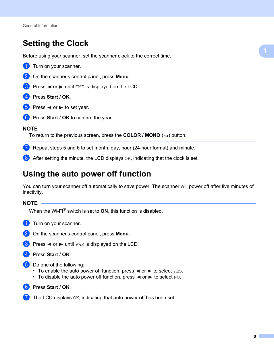 Setting the clock, Using the auto power off function | Brother DS-820W User Manual | Page 16 / 99