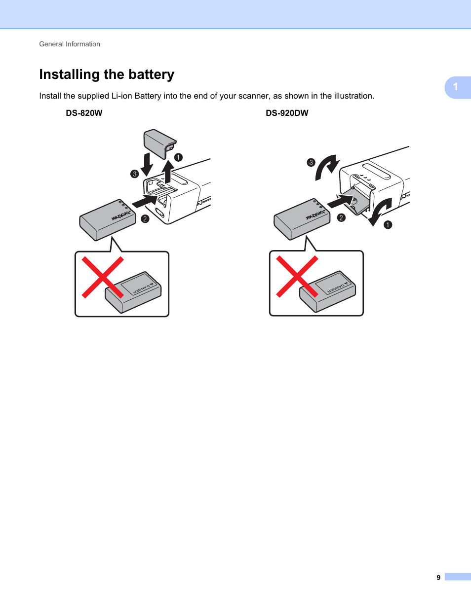 Installing the battery | Brother DS-820W User Manual | Page 17 / 99