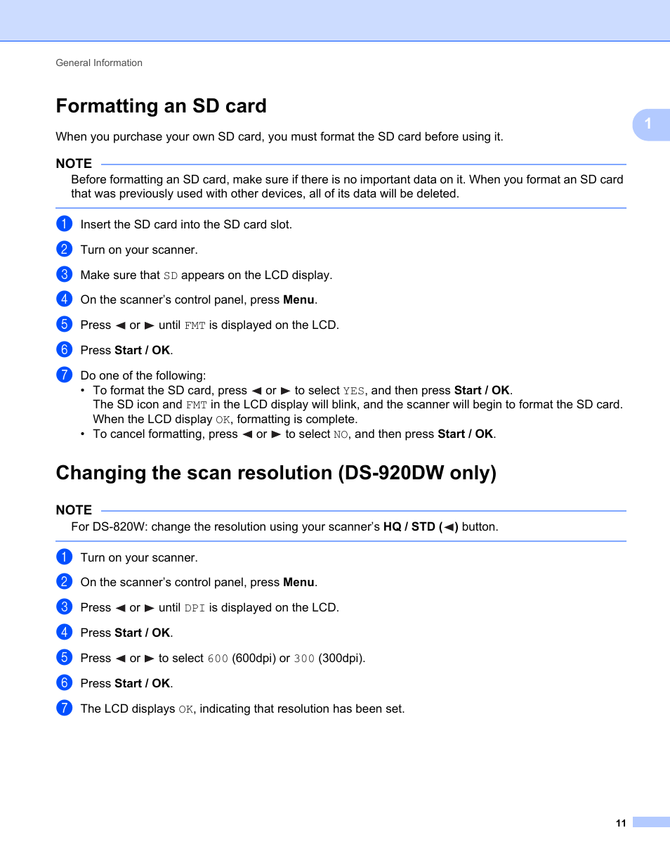 Formatting an sd card, Changing the scan resolution (ds-920dw only) | Brother DS-820W User Manual | Page 19 / 99