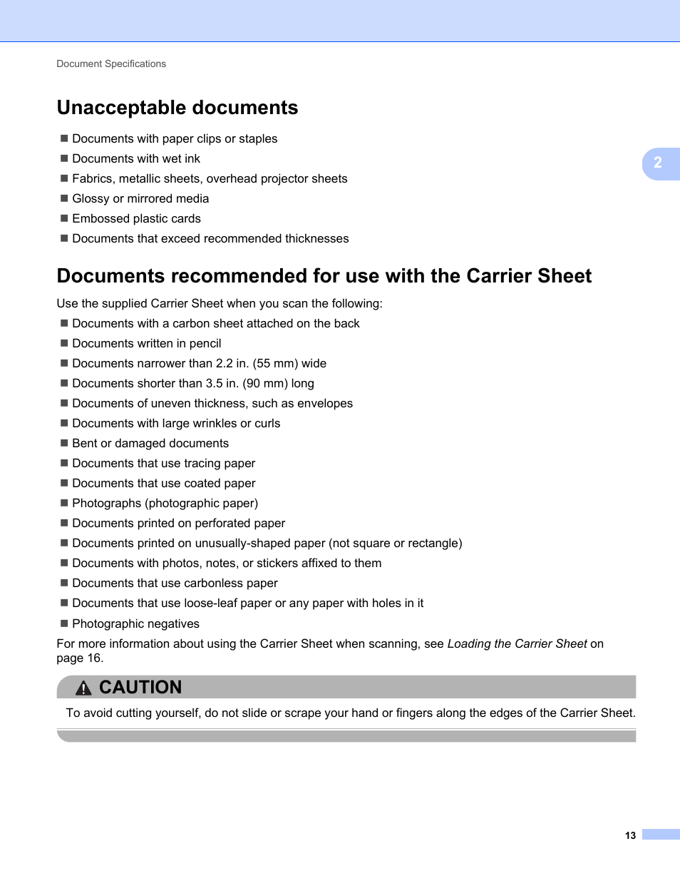 Unacceptable documents, Caution | Brother DS-820W User Manual | Page 21 / 99