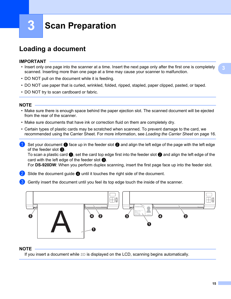 Scan preparation, Loading a document | Brother DS-820W User Manual | Page 23 / 99