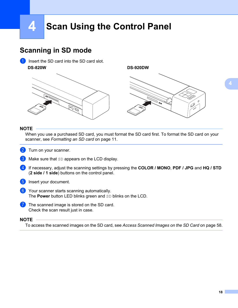 Scan using the control panel, Scanning in sd mode | Brother DS-820W User Manual | Page 26 / 99