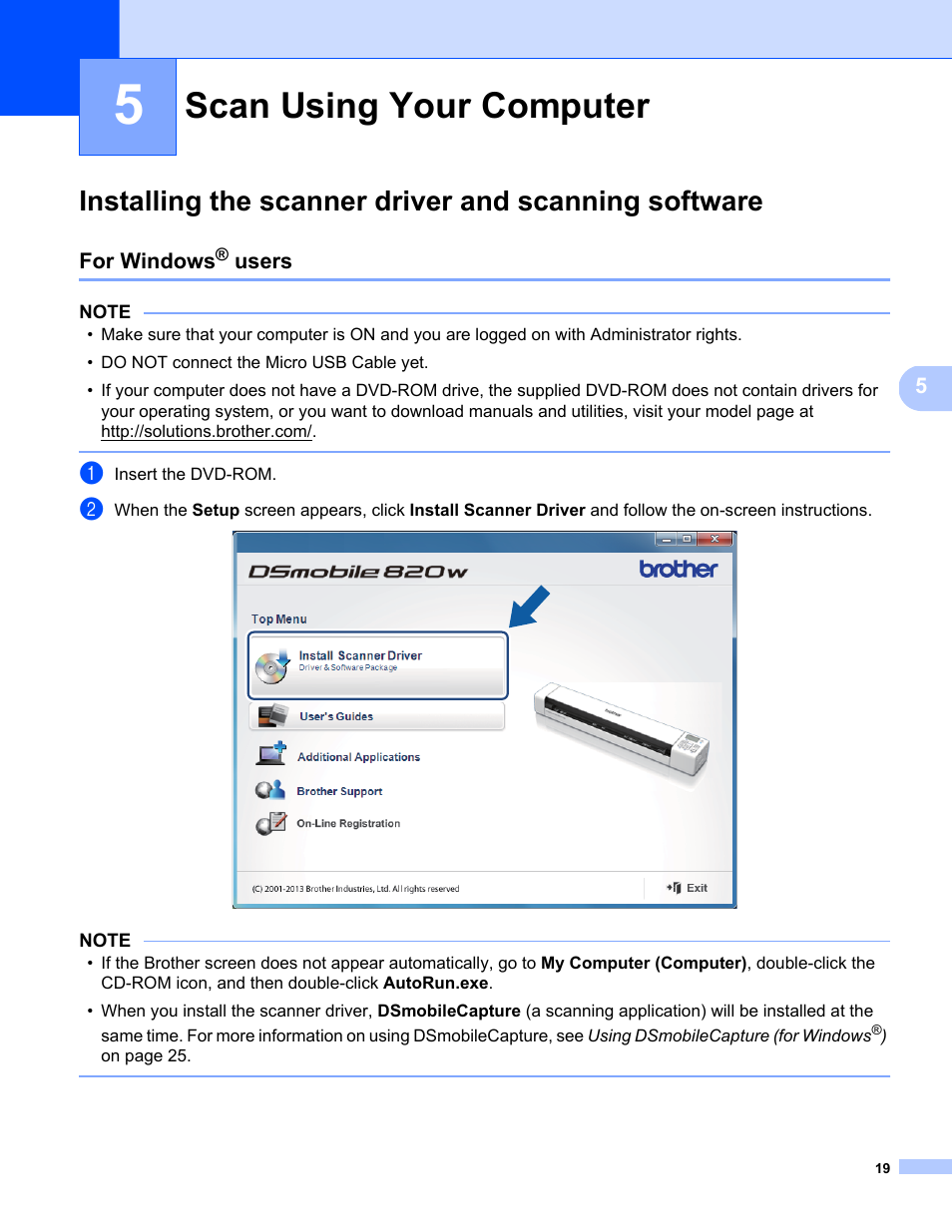 Scan using your computer, For windows® users, For windows | Brother DS-820W User Manual | Page 27 / 99