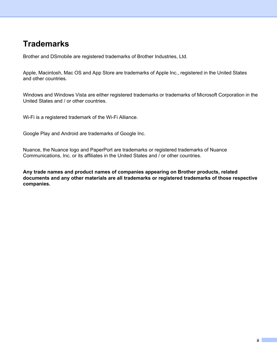 Trademarks | Brother DS-820W User Manual | Page 3 / 99