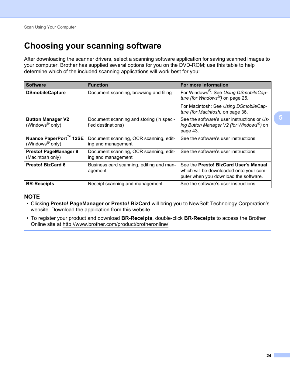 Choosing your scanning software | Brother DS-820W User Manual | Page 32 / 99