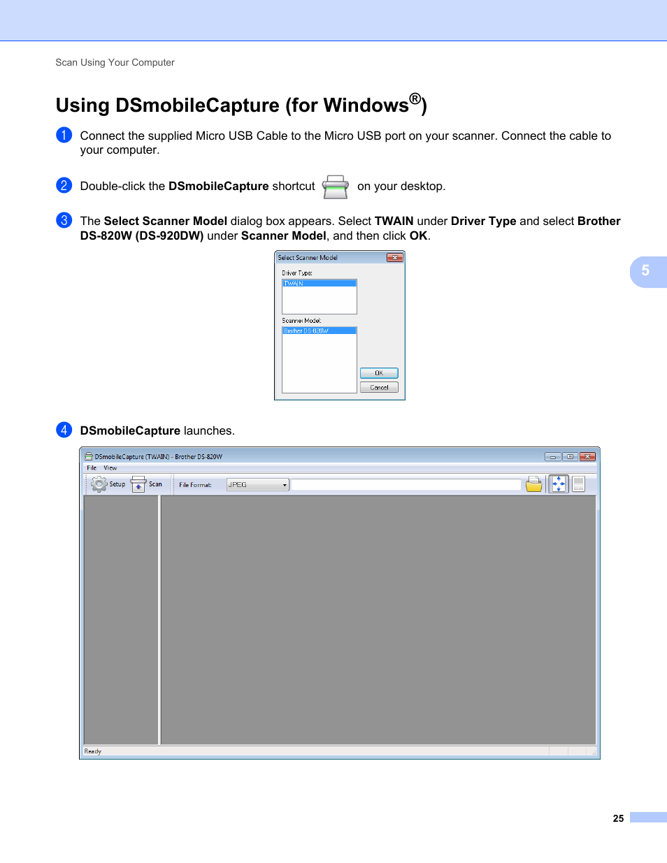 Using dsmobilecapture (for windows®), Using dsmobilecapture (for windows, Using dsmobilecap | Ture (for windows | Brother DS-820W User Manual | Page 33 / 99