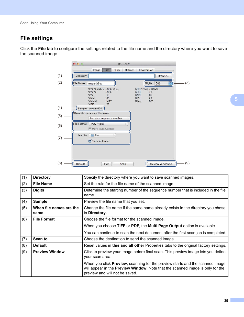 File settings, 5file settings | Brother DS-820W User Manual | Page 47 / 99