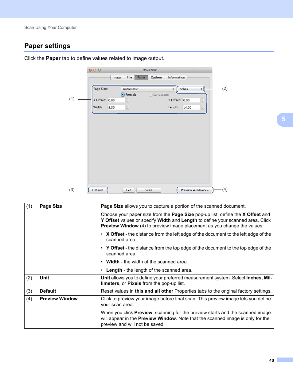 Paper settings, 5paper settings | Brother DS-820W User Manual | Page 48 / 99