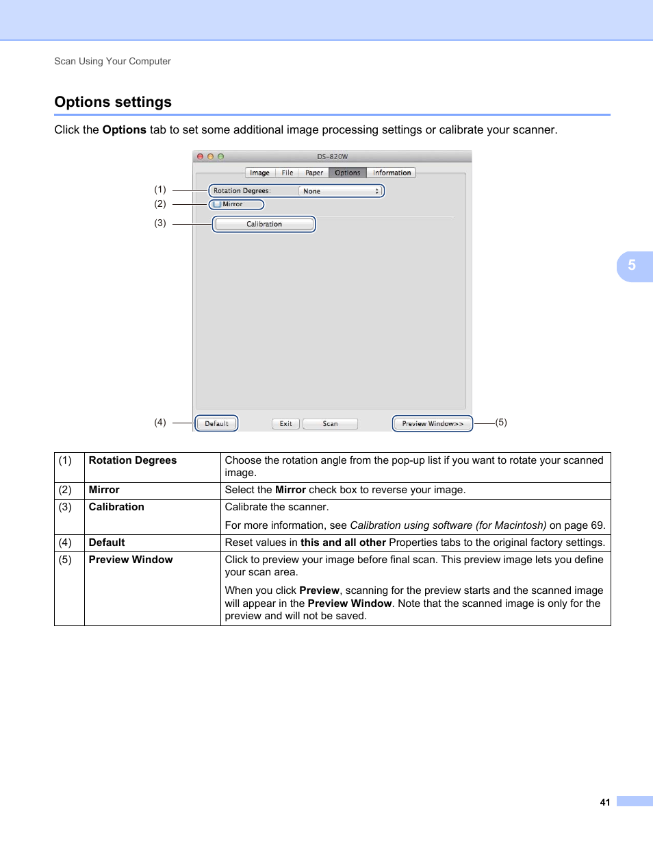 Options settings, 5options settings | Brother DS-820W User Manual | Page 49 / 99