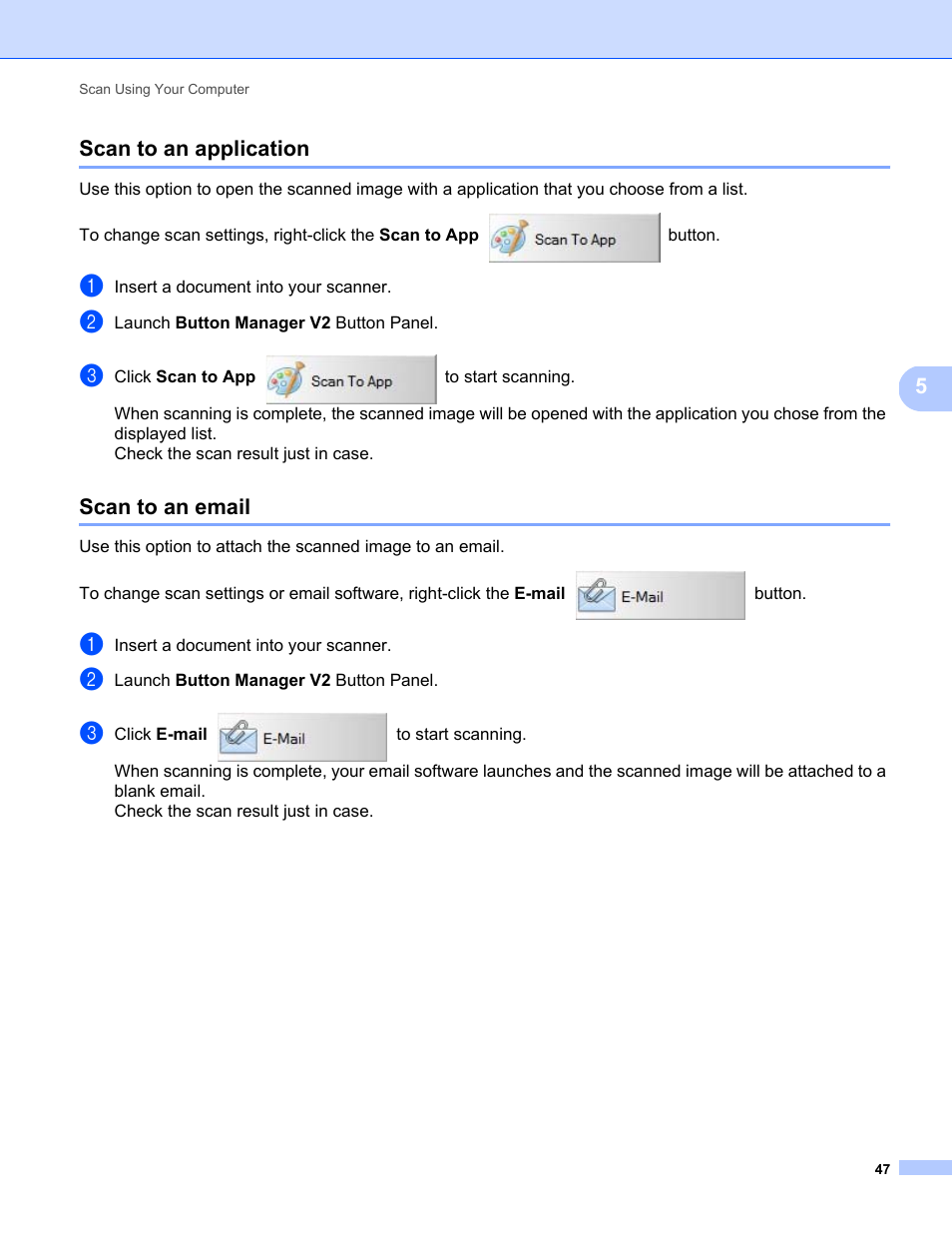 Scan to an application, Scan to an email, Scan to an application scan to an email | Brother DS-820W User Manual | Page 55 / 99