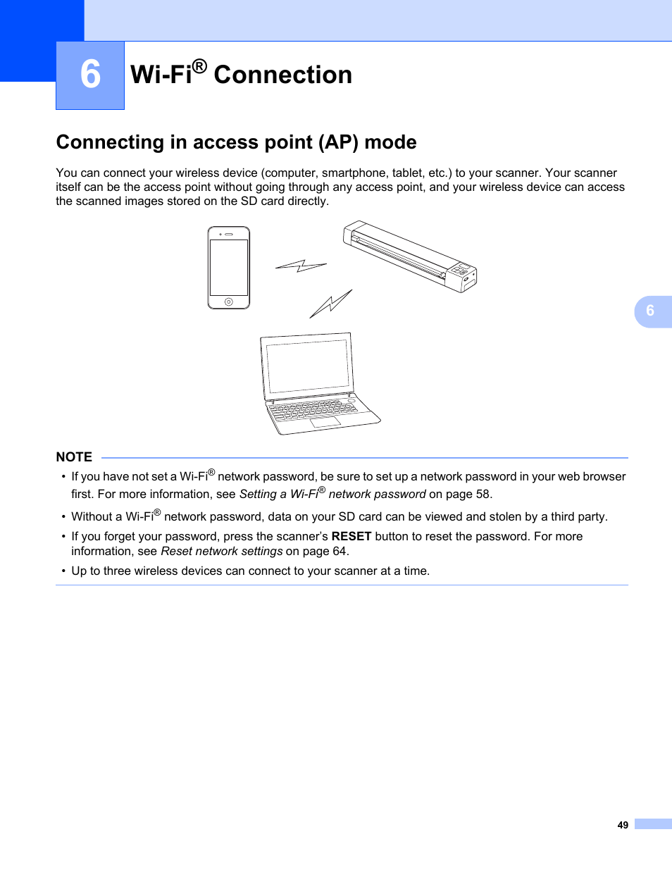 Wi-fi® connection, Connecting in access point (ap) mode, Wi-fi | Connection | Brother DS-820W User Manual | Page 57 / 99