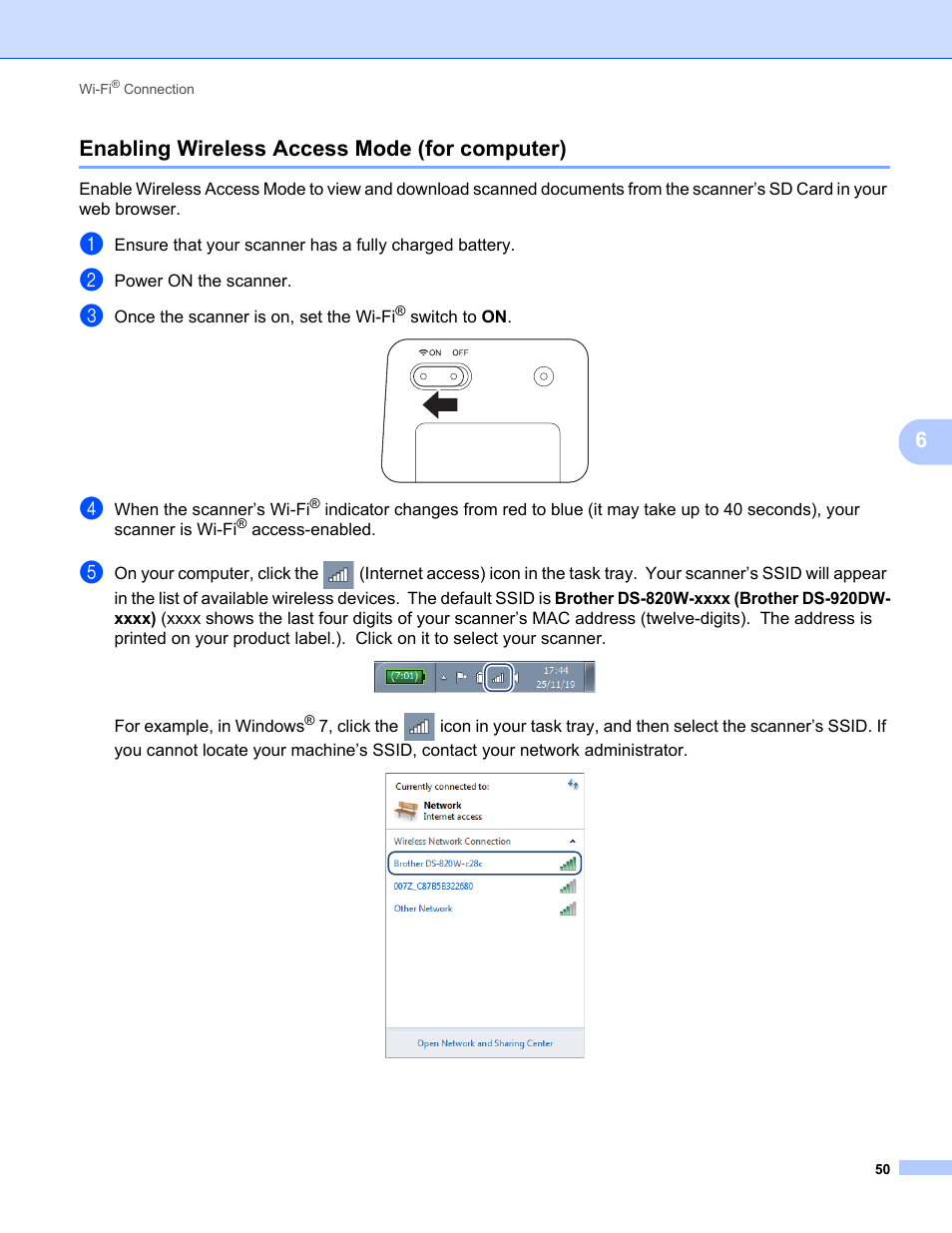 Enabling wireless access mode (for computer), 6enabling wireless access mode (for computer) | Brother DS-820W User Manual | Page 58 / 99