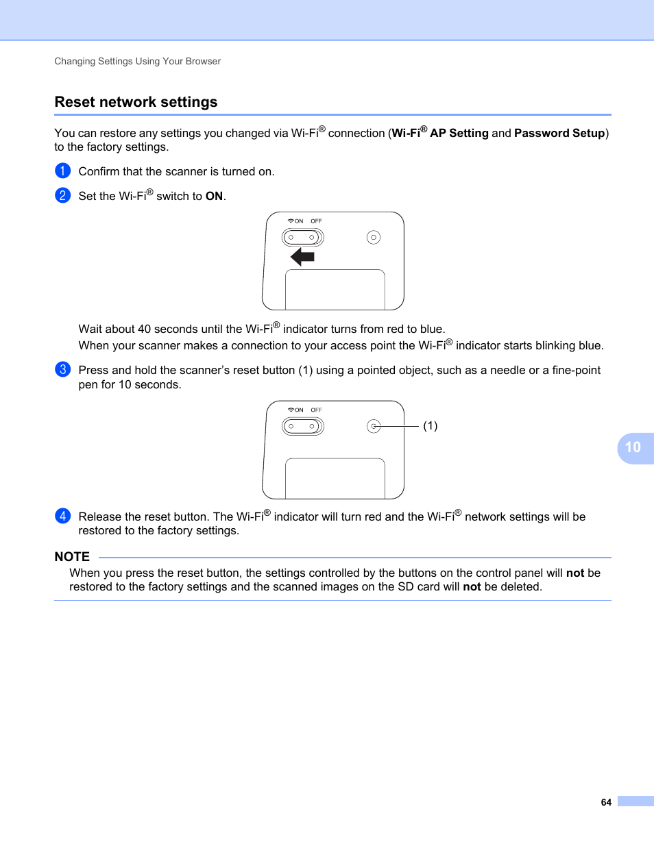 Reset network settings, 10 reset network settings | Brother DS-820W User Manual | Page 72 / 99