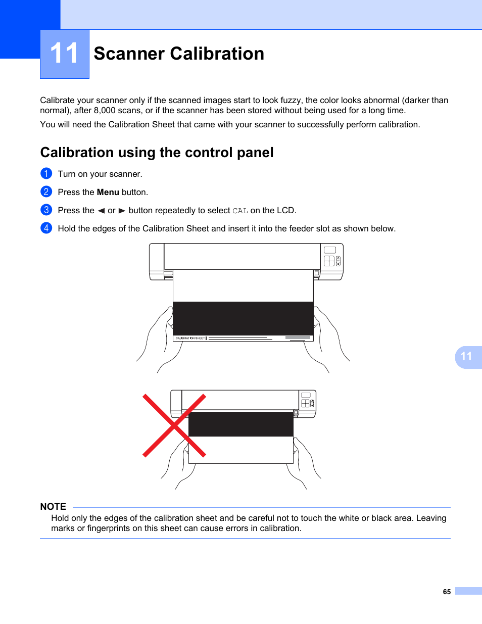 Scanner calibration, Calibration using the control panel | Brother DS-820W User Manual | Page 73 / 99