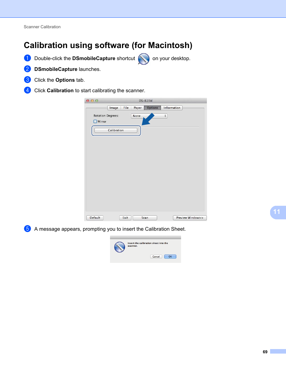 Calibration using software (for macintosh) | Brother DS-820W User Manual | Page 77 / 99